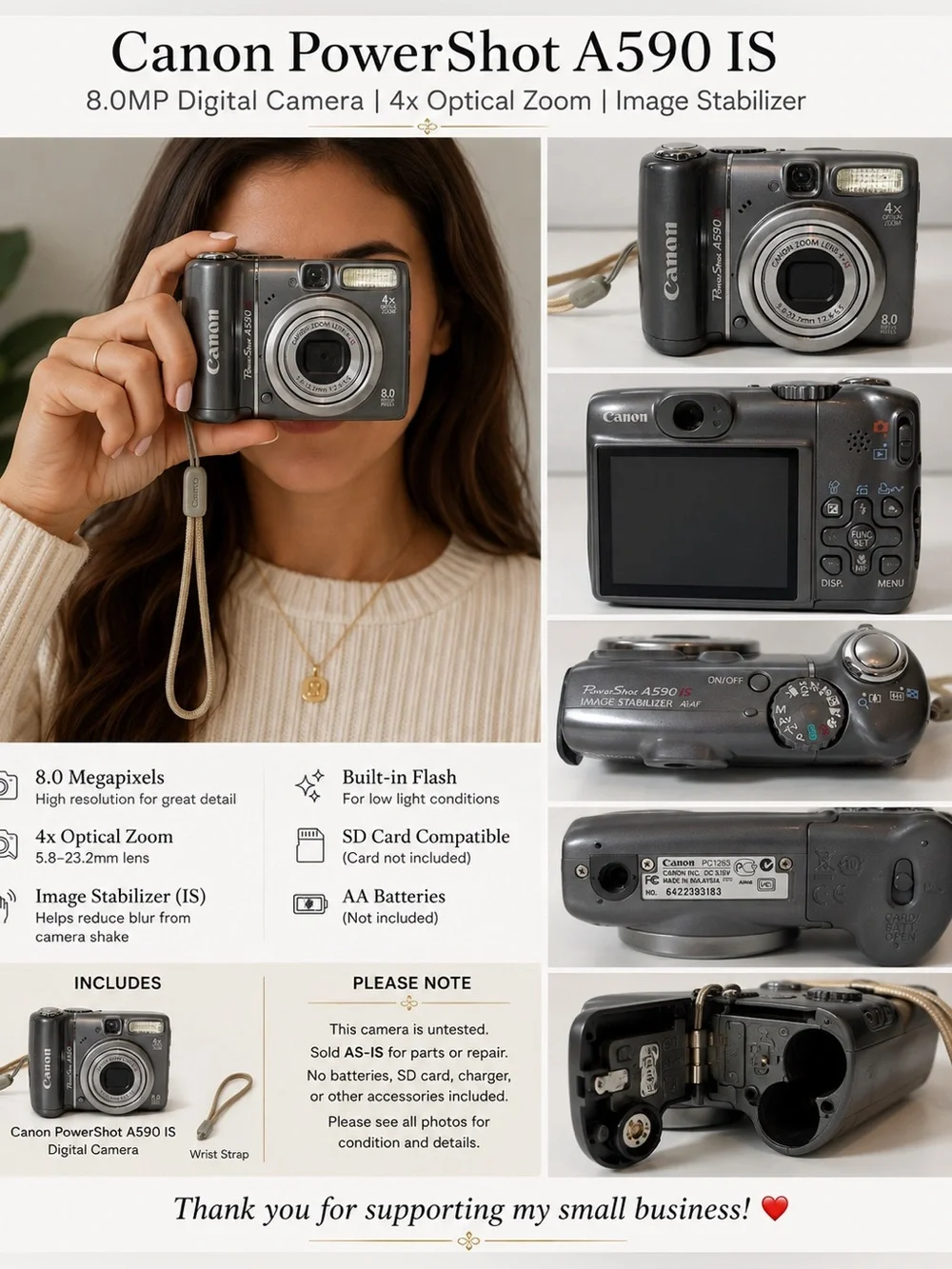 Canon PowerShot A590 IS 8MP Digital Camera Gray 4x Zoom Untested Parts Repair